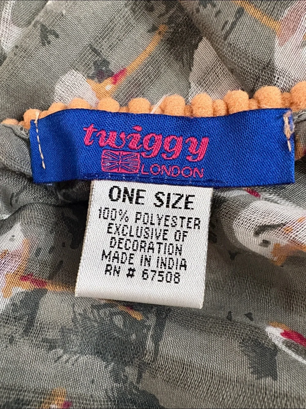 Twiggy London Gray Sheer Flamingo Scarf Wrap with Orange Pom Pom Trim EUC